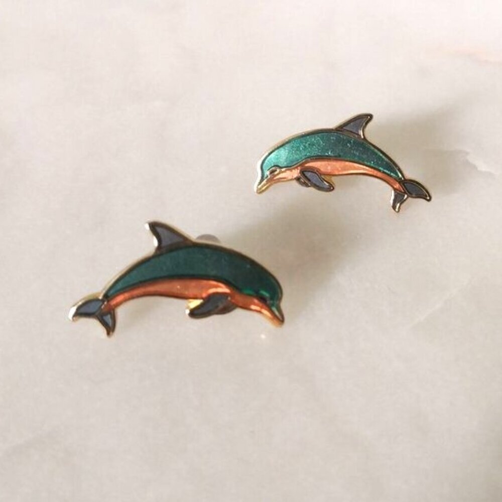 Dolphin Earrings Cloisonne Signed GCC‎ Pierced Earrings 1"